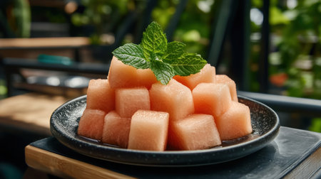 Cool down with this refreshing vegan appetizer! Perfectly cubed watermelon, garnished with fresh mint, makes a vibrant and healthy snack Easy to prepare, it's ideal for parties, picnics, or a light midday treat Naturally sweet and hydrating, this simple yet elegant presentation is the perfect summer refreshment AI Generativeの素材