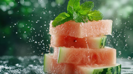This vibrant vegan watermelon appetizer is the perfect summer treat! Juicy watermelon slices, simply garnished with mint, create a refreshing, healthy, and easy-to-make snack ideal for parties, picnics, or BBQs Its cool sweetness makes it a stunning, beautiful, and delicious addition to any summer spread AI Generativeの素材