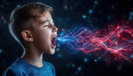A vibrant artistic rendering showcases innovative stuttering therapy for children Glowing visuals depict articulation skill development, fluency building, and improved communication The image powerfully represents successful treatment, highlighting progress, confidence, and the journey to clear speech AI Generativeの素材