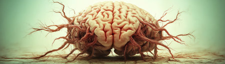A captivating brain rendering depicts intricately interwoven neurons, resembling a tree's roots This symbolizes growth, learning, and neuroplasticity The artwork's complexity and beauty highlight the brain's dynamic nature, adaptability, and potential for lifelong change a powerful educational tool AI Generativeの素材