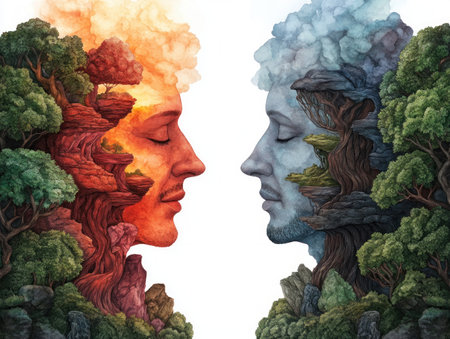 Interconnected human profiles, crafted from vibrant natural elements, symbolize diverse perspectives in dynamic conversation The artwork visually represents effective communication, empathy, and collaborative problem-solving Support and guidance are shown through interconnected pathways, fostering mutual understanding and harmonious interaction AI Generativeの素材