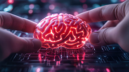 A dynamic brain maze visualizes the complex process of problem-solving Hands engage, highlighting mental activity, cognitive function, and neural pathways This represents brainpower, intelligence, critical thinking, and innovation a fusion of neuroscience, psychology, and technology to enhance mental fitness and cognitive abilities AI Generativeの素材
