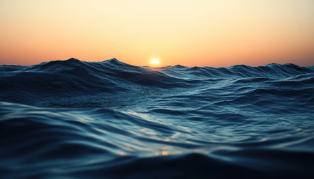 Tranquil ocean waves at sunset, bathed in the golden hour's peaceful glow, evoke serenity and mindfulness This captivating image, perfect for wellness themes, promotes calm and well-being Ideal for websites, blogs, and social media, it symbolizes relaxation and inner peace AI Generativeの素材