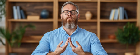 A professional in a light blue shirt and glasses demonstrates breathing exercises for stress, promoting mental health He uses a triangle hand gesture, a technique for emotional balance, against a wooden bookshelf Ideal for wellness promotion, this helps reduce anxiety through healthy self-care AI Generativeの素材