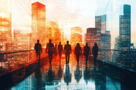 A vibrant illustration shows a glowing bridge connecting diverse professionals, symbolizing global teamwork and unity This powerful image highlights connectivity, shared goals, and the dynamic relationship between people and technology within a modern business context It emphasizes a unified vision for success, all set against a backdrop of a vibrant, AI Generativeの素材