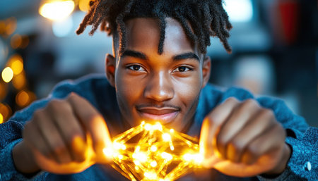 In a vibrant creative space, a mentor illuminates ideas with glowing tools, embodying leadership Bright lights pulse as they shape innovation, showcasing guidance and ingenuity This portrait captures the energy of mentorship, where vision sparks new concepts It's a testament to the power of inspired leadership AI Generativeの素材