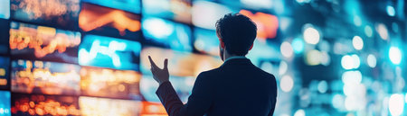 A confident businessman in a dark suit presents an innovative idea using expressive hand gestures before a virtual screen with vibrant visuals This scene conveys clarity and a modern approach to leadership and communication It's ideal for showcasing business concepts or technological advances through impactful visual presentation AI Generativeの素材