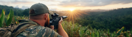 A lone figure stands at dawn's edge in a tropical forest, rifle in hand, their gaze fixed on the wilderness This isn't photography; it's remote exploration, perhaps a vacation pursuit Mountains rise against the horizon as the sun paints the scene gold, a stark contrast to any bird-watching focus AI Generativeの素材