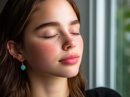 Find tranquility with this close-up portrait showcasing a serene facial expression Ideal for wellness websites, it promotes stress management and mental health This image embodies calmness, mindfulness, and emotional well-being, illustrating the power of a peaceful, balanced lifestyle Discover serenity AI Generativeの素材