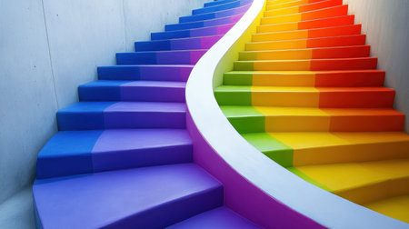 A vibrant rainbow spiral staircase embodies creativity and adaptability in a dynamic corporate setting It symbolizes diverse perspectives merging, fluid transitions, and colorful problem-solving The spiral form reflects continuous progress and forward-thinking strategies, showcasing the potential inherent in every organizational step and creative tone adaptation AI Generativeの素材