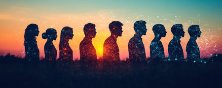 A diverse team, silhouetted against a vibrant sunset, radiates interconnected energy They embody empathy and collaboration, symbolizing unity and teamwork Standing side-by-side, they represent global partnerships and shared goals, fostering inclusivity and connectivity This image perfectly captures harmony, strength, and the power of working together to make a difference AI Generativeの素材
