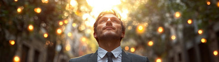 A suited man gazes upward, bathed in warm light amidst blurred bokeh His focused posture and hopeful gaze evoke optimism and possibility The bright lights create a magical ambiance, emphasizing clarity and inspiration It's a scene of anticipation, hinting at a promising future AI Generativeの素材