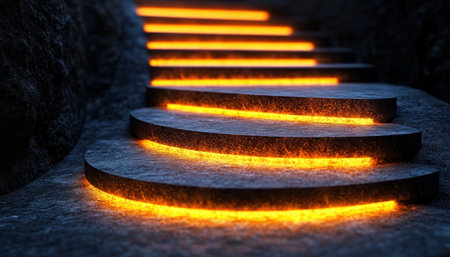 A glowing path, symbolizing adaptability and progress, ascends a dark stone staircase Each step ignites with vibrant light, embodying evolution and transformation This luminous walkway, a beacon of hope, guides a journey of personal growth, promising brighter destinations amidst the darkness It invites exploration and optimism AI Generativeの素材