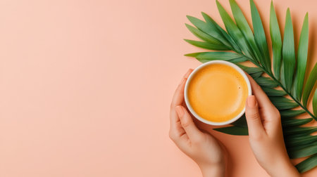 Find calm in this minimalist scene: hands cradle a bowl, a moment of peace amidst chaos Discover stress relief through simplicity and nature Captured top-down with neutral tones, this organized routine inspires a productive, balanced workspace where well-being is key Desk optional, hands are the tools AI Generativeの素材