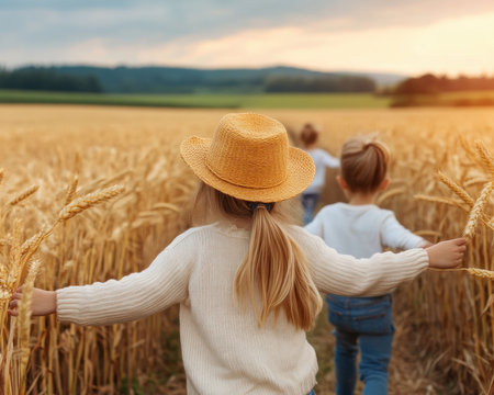 Experience the joy of family bonding in a sun-drenched field, a natural stress reliever This image celebrates happy family moments, fostering support and connection It embodies wellness, positive values, outdoor fun, and a peaceful escape from daily pressures Where memories are made and hearts connect AI Generativeの素材