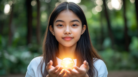 Radiate inner peace with a woman holding a glowing orb, a beacon of positive energy and personal growth Affirmations guide your self-improvement journey, fostering empowerment and transformation This image symbolizes self-love, resilience, and spiritual awakening Manifest your dreams with this visual hope, leading to a brighter future AI Generativeの素材