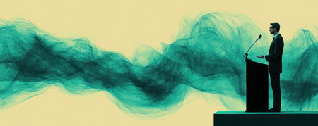 This image portrays a confident speaker at a podium, their message visualized by abstract waves It embodies effective communication, perfect for materials on public speaking, leadership, or inspirational events Use it for marketing or banners to promote impactful presentations The image aims to connect with the audience through clarity and AI Generativeの素材
