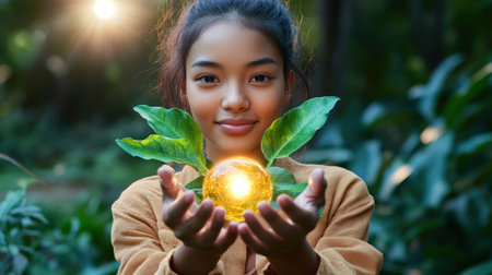 A woman holds a glowing orb, symbolizing empowerment and inner growth This radiant image fosters positive energy, peace, and transformation Use it for affirmations and visualizations to unlock potential, manifest dreams, and embark on a journey of self-love and enlightenment Uplift your spirit and discover your transformative power AI Generativeの素材