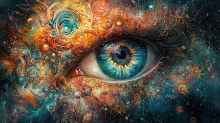 "Cosmic Gaze" reveals an eye as a universe, blending clarity and empathy Vibrant hues and intricate details invite a journey into perception The artwork captures interconnectedness, where observer and observed merge Light and form interplay, fostering understanding Discover profound beauty in this abstract, gateway to the inner cosmos AI Generativeの素材