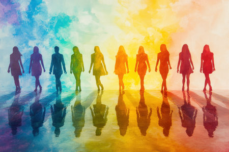 This abstract artwork depicts emotional intelligence as radiant energy, uniting team members through vibrant colors and dynamic silhouettes It visually represents synergy, where emotional connection fosters collaborative power The bright palette and abstract composition showcase teamwork and positive interaction, embodying unity and cohesion AI Generativeの素材