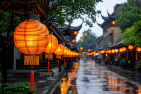 Step into a vibrant twilight market, where glowing lanterns reflect on wet cobblestones Discover traditional architecture bathed in soft evening light This urban scene offers an authentic cultural experience, a must for any traveler seeking unique vacation activities The city truly comes alive at night experience its magic AI Generativeの素材