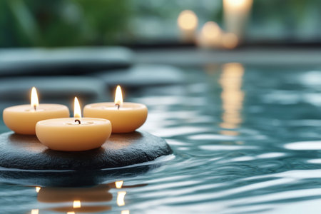 Immerse yourself in tranquility with this serene image of floating candles, perfect for your spa-like sanctuary Discover relaxation rituals and stress management through calming visuals Ideal for meditation, yoga, and creating a peaceful environment Transform your space into a haven of well-being with this soothing scene AI Generativeの素材