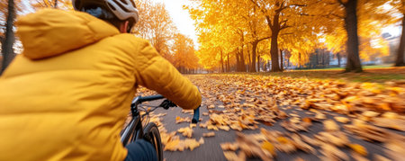 A cyclist speeds through an urban park ablaze with autumn colors This dynamic shot captures active travel, combining sports sightseeing with scenic exploration Ideal for outdoor enthusiasts, it showcases the thrill of cycling in nature during a fall vacation Experience the beauty and action of adventure AI Generativeの素材