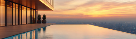 Escape to urban paradise with breathtaking sunset views from a luxurious skyscraper rooftop pool Indulge in elegant vacation activities surrounded by stunning cityscapes Enjoy tranquility and unparalleled urban views as the sun sets, creating an unforgettable moment of luxury and peace AI Generativeの素材