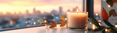 Immerse yourself in the warm glow of candlelight in a cozy room This scene radiates happiness and comfort, with a soft cityscape backdrop and decorative branches It's a tranquil evening, perfect for relaxation and exuding positive vibes Experience the serenity of a peaceful night in AI Generativeの素材