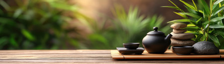 Find tranquility with this zen tea ceremony setup, designed for stress relief and mindfulness Delicate teaware, stacked stones, and lush greens create a calming ritual for reflection and relaxation Embrace mindful practices by incorporating tea into your daily life, promoting inner peace and releasing tension AI Generativeの素材