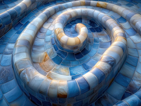 This close-up abstract mosaic morphs into landscapes, embodying flexibility Blue, white, and beige tiles spiral dynamically, creating a captivating structured chaos Ideal for artistic projects, this pattern provides a tactile and visually pleasing sensory experience It showcases a seamless blend of dynamic elements in an intricate composition AI Generativeの素材