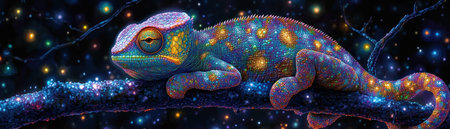Witness a chameleon's enchanting transformation as it blends into a luminous forest, a vibrant emblem of adaptability and creativity This artwork portrays change itself, mirroring the fluid nature of inspiration Intricate details emerge under a starry night, where pure imagination takes form AI Generativeの素材