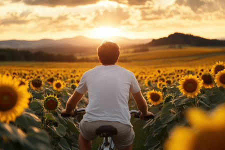 Immerse yourself in solo travel magic with this image of a cyclist amidst a sunflower field at sunset Bask in freedom and tranquility as nature's beauty unfolds This photo, bathed in warm, golden light, captures a memorable journey, inspiring wanderlust and showcasing the peace found on two wheels AI Generativeの素材