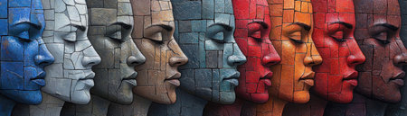 A mosaic face shifts expressions, illustrating adaptability Vibrant panels showcase diverse skin tones blending seamlessly, symbolizing beauty in change This visual journey captures evolving perspectives through nuanced transitions, highlighting the power of transformation Each expression reflects a dynamic response to shifting situations AI Generativeの素材