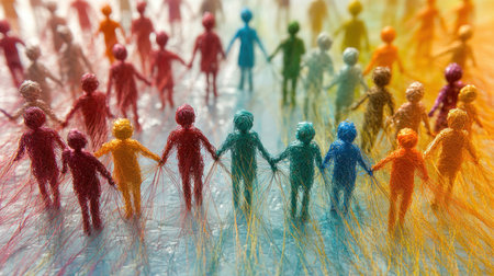 Witness communication as a vibrant tapestry woven with threads of connection, ideas, and dialogue Diverse perspectives blend, creating intricate patterns of relationships and unity This abstract exploration celebrates the beauty of human interaction through a visual narrative of interwoven threads, highlighting the complex yet beautiful nature of shared experience AI Generativeの素材
