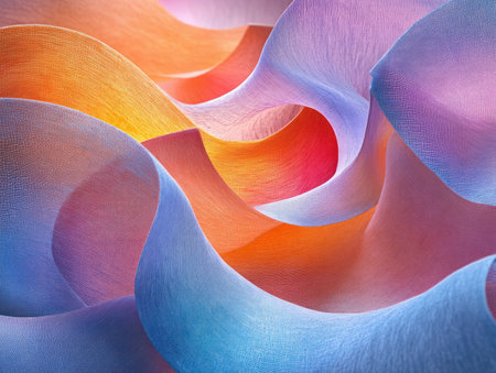 Dynamic layers of fabric transform into abstract art, a symphony of adaptability and vibrant color Flowing forms and subtle shifts of light create a mesmerizing spectacle Witness the creative fluidity and beauty of abstract design in this engaging image, capturing the interplay of textures and colors AI Generativeの素材