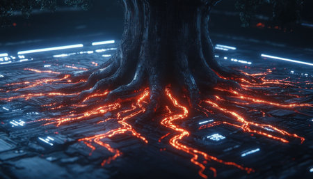 Witness a futuristic tree, its roots morphing into glowing circuits, symbolizing nature and technology's harmony This image embodies flexibility and innovation, showcasing organic growth entwined with digital advancement It pushes design boundaries, demonstrating interconnectedness through a captivating fusion, illuminated with vibrant, pulsing light AI Generativeの素材