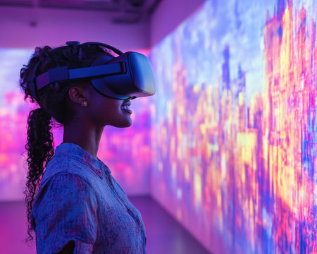 Step into the future of learning with an interactive VR session Explore complex ideas made clear through cutting-edge virtual reality and futuristic tones Immerse yourself in a 3D environment that simplifies intricate concepts, revolutionizing education with captivating and digestible experiences Discover VR's transformative power; try it today! AI Generativeの素材
