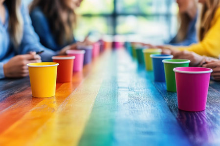 This vibrant image portrays a diverse team collaborating in a colorful meeting, led by a manager fostering global communication The scene, filled with bright hues and rainbow-colored cups, embodies inclusivity and multicultural understanding Each team member's engagement highlights a commitment to unity and effective workplace communication, ideal for showcasing inclusive AI Generativeの素材