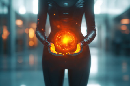 This futuristic illustration depicts a human figure holding a luminous orb, symbolizing emotional intelligence and future leadership Ideal for business, tech, or human potential concepts, it portrays the synergy of emotion and innovation Perfect for presentations, websites, and marketing, this striking image conveys leadership and insight AI Generativeの素材