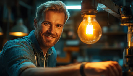 A man in a blue shirt stands near a glowing light bulb in a warm-toned workshop A workbench with tools sits behind him The bright lighting conveys industriousness, craftsmanship, and a sense of innovation and dedication, making it suitable for commercial or industrial use AI Generativeの素材