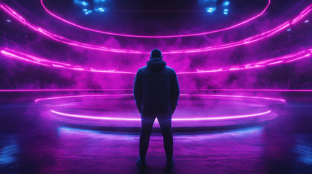 A visionary stands in a vibrant, holographic arena, symbolizing leadership and creative empowerment Bathed in neon light, the figure gazes into a luminous, futuristic space, embodying innovation and forward-thinking Ideal for showcasing technological advancement, personal growth, or imagination, this dynamic scene represents potential and captivates with its depth AI Generativeの素材