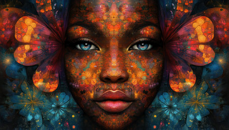 Observe a mesmerizing metamorphosis: a vibrant kaleidoscope morphs into a detailed face, symbolizing artistic growth This image, rich with color and intricate details, showcases the convergence of abstract and realistic It embodies inner development and creative expression, a visual journey from chaos to clarity, highlighting imagination and transformation AI Generativeの素材