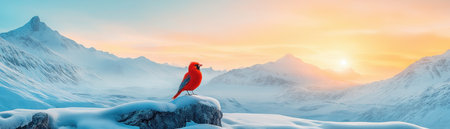 A vibrant red bird, symbolizing adaptability, perches in a stark, snowy, futuristic landscape Its dynamic feathers mirror flexibility Mountains painted with dawn hues contrast the sterile setting, showcasing beauty in the juxtaposition of nature and a possible future Resilience and innovation are embodied in this striking scene AI Generativeの素材