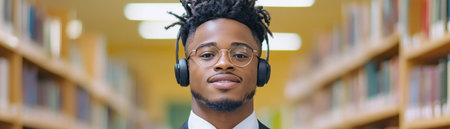 Discover a focused student maximizing library study with headphones for concentration and stress management Explore concentration techniques and productive library workspace setups This image embodies tranquility and academic commitment, inspiring effective study habits AI Generativeの素材