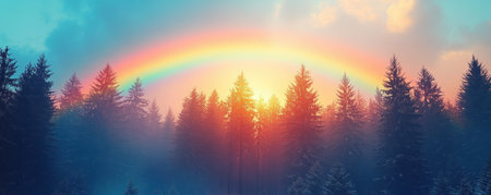 A vibrant rainbow dances above a serene forest, adapting to shifting skies This spectacle symbolizes creativity, resilience, and the ability to overcome challenges The interplay of colors and light embodies optimism and transformation, inspiring us to navigate life's changes with grace, a reminder of hope and beauty AI Generativeの素材