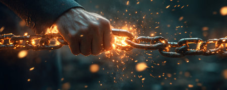 Experience raw power and determination in this high-resolution image A strong hand, unshackled from metal chains, embodies freedom and decisive action This compelling visual symbolizes strength, resilience, and breaking free from constraints, offering an optimistic and empowering message It highlights the assertive spirit of a professional AI Generativeの素材