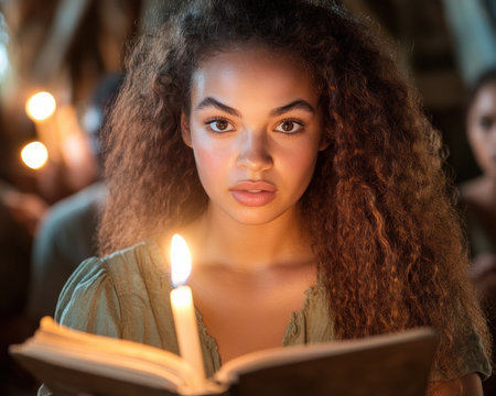 A woman practices stress management, journaling by candlelight for mindful reflection and inner peace This calming routine enhances focus and emotional regulation Candlelight aids relaxation and self-discovery, integrating mindfulness through writing This intentional introspection fosters emotional well-being, leading to a healthier, centered life AI Generativeの素材