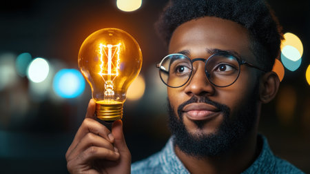 This image features a man holding a lit lightbulb, symbolizing creative thinking and innovative leadership His focused gaze suggests a future-oriented mindset, emphasizing groundbreaking solutions The scene conveys ingenuity and vision, using illumination to represent progress and strategic insight The lightbulb's glow signifies the spark of brilliant ideas AI Generativeの素材