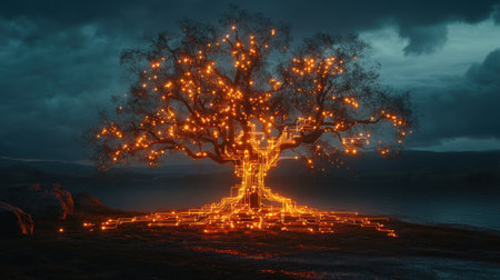 A glowing tree of circuits illuminates the digital realm, a striking symbol of innovation Witness the fusion of technology and nature, art and science, in this visual metaphor for growth It's a beacon of progress, where glowing circuits forge a new future, embodying the convergence of organic development and technological AI Generativeの素材